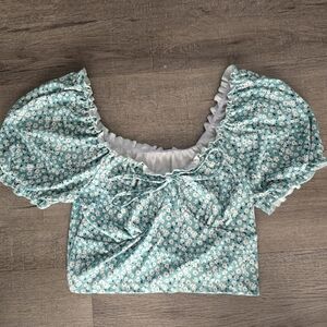 Floral Puff Sleeve Top Green and White